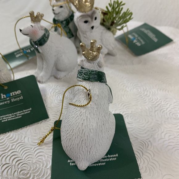 5 Christmas Tree Ornaments Fox Bear Owl with Crowns Ceramic White Green Gold Lot - Picture 16 of 16